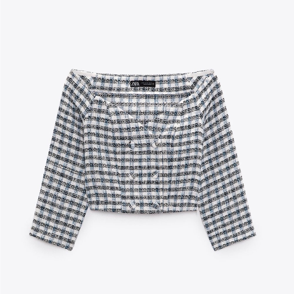 Zara Off Shoulder Plaid Printed Button Crop Top Jacket Size L